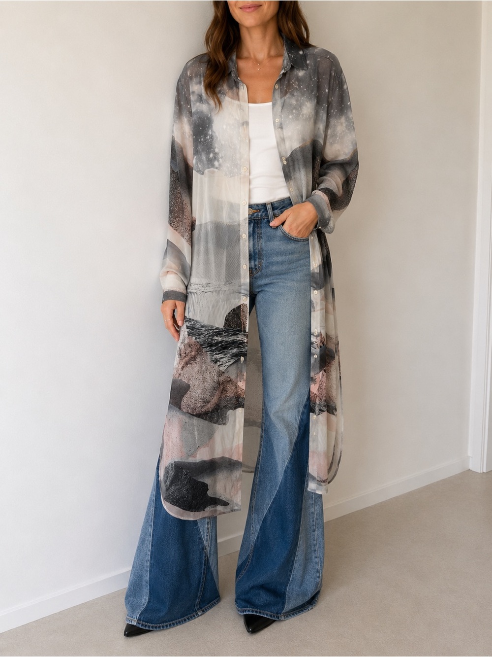 Sheer Desert Print Long Button-Down Shirt - Gray
